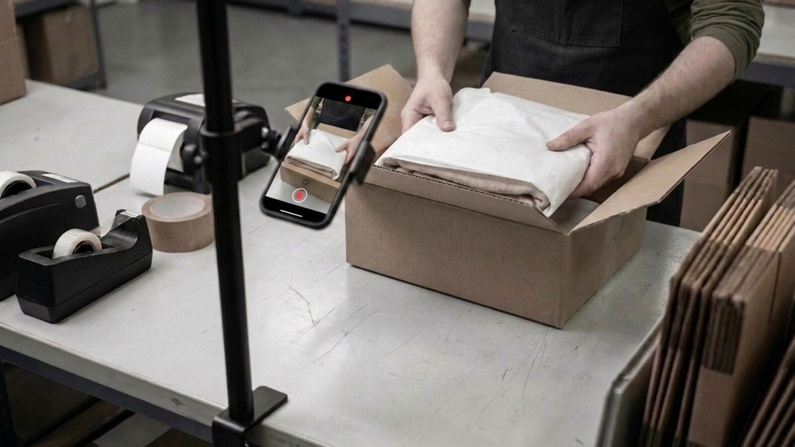An apparel packing bench: the folded garment is shown to a mounted phone with its tags attached before it goes into the carton.