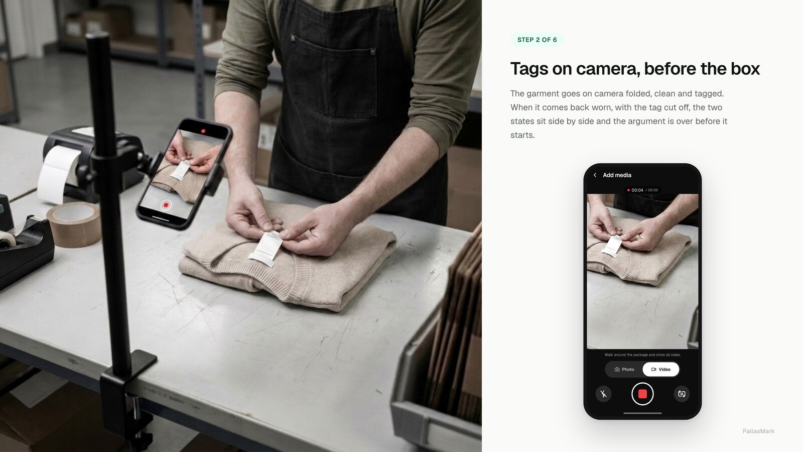 A packer holds the item up to a phone mounted on a bench stand; the phone screen shows the live camera view of their hands with the recording timer at four seconds.