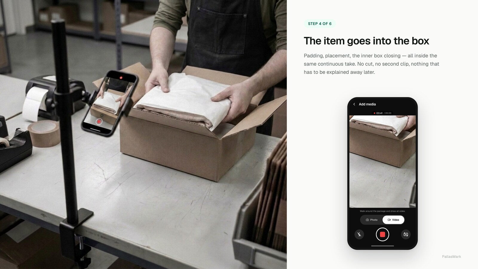The item is lowered into a padded corrugated carton while the mounted phone records the placement, forty-one seconds into a single continuous take.