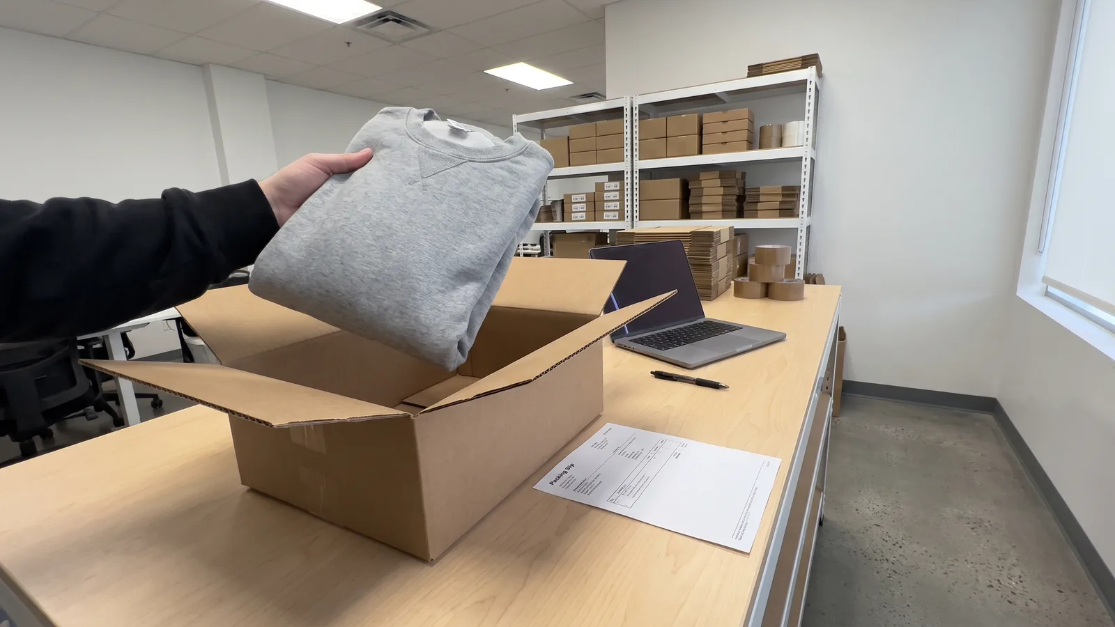 The item held against its packing slip: one frame containing both is what ties a specific unit to a specific order.