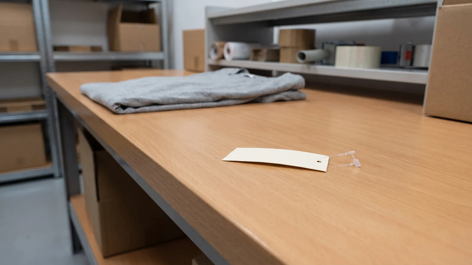 A detached return tag with its fastener snapped: unambiguous in a photograph in a way that a slightly creased garment never is.