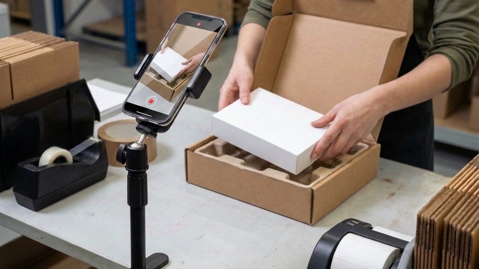 A packing bench with the sealed, labelled parcel on camera: the recording answers what left the building, which is only half of what chargebacks ask.