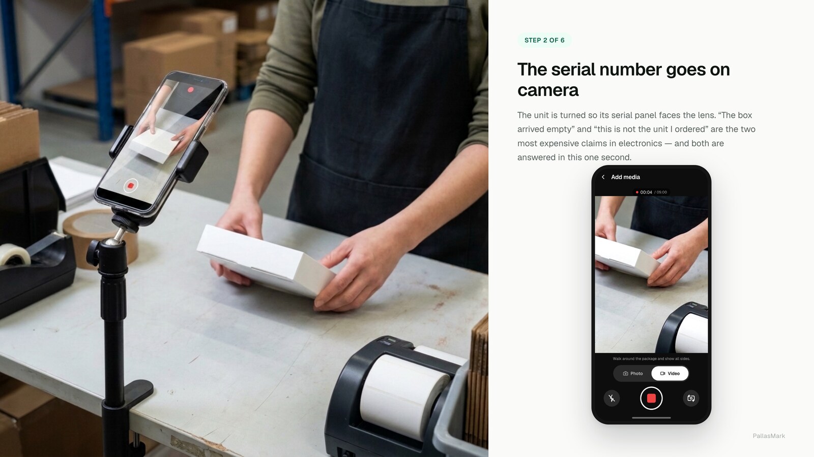 A packer holds the item up to a phone mounted on a bench stand; the phone screen shows the live camera view of their hands with the recording timer at four seconds.