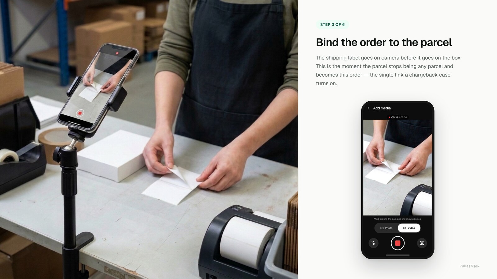 A packer peels the shipping label off its backing sheet in front of the mounted phone, binding the order to the parcel on camera at eighteen seconds.