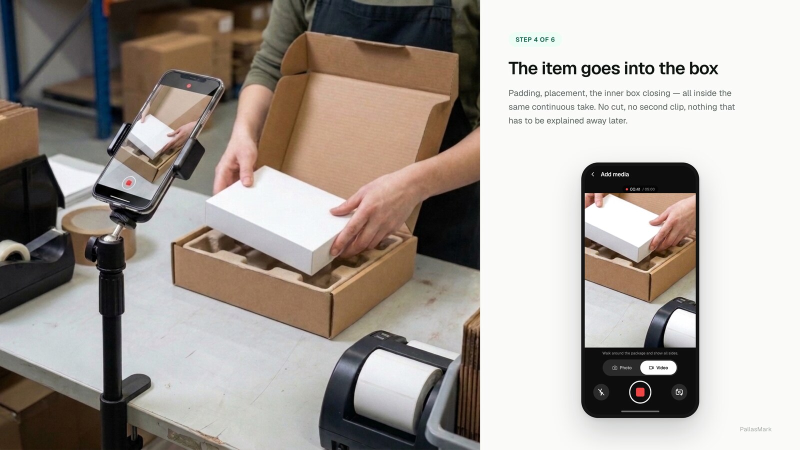 The item is lowered into a padded corrugated carton while the mounted phone records the placement, forty-one seconds into a single continuous take.