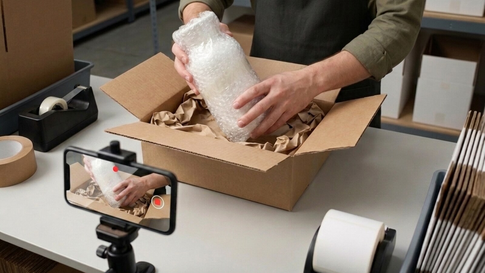 A fragile-goods packing bench: the piece is turned in front of a mounted phone, then wrapped and bedded into a padded carton on camera.