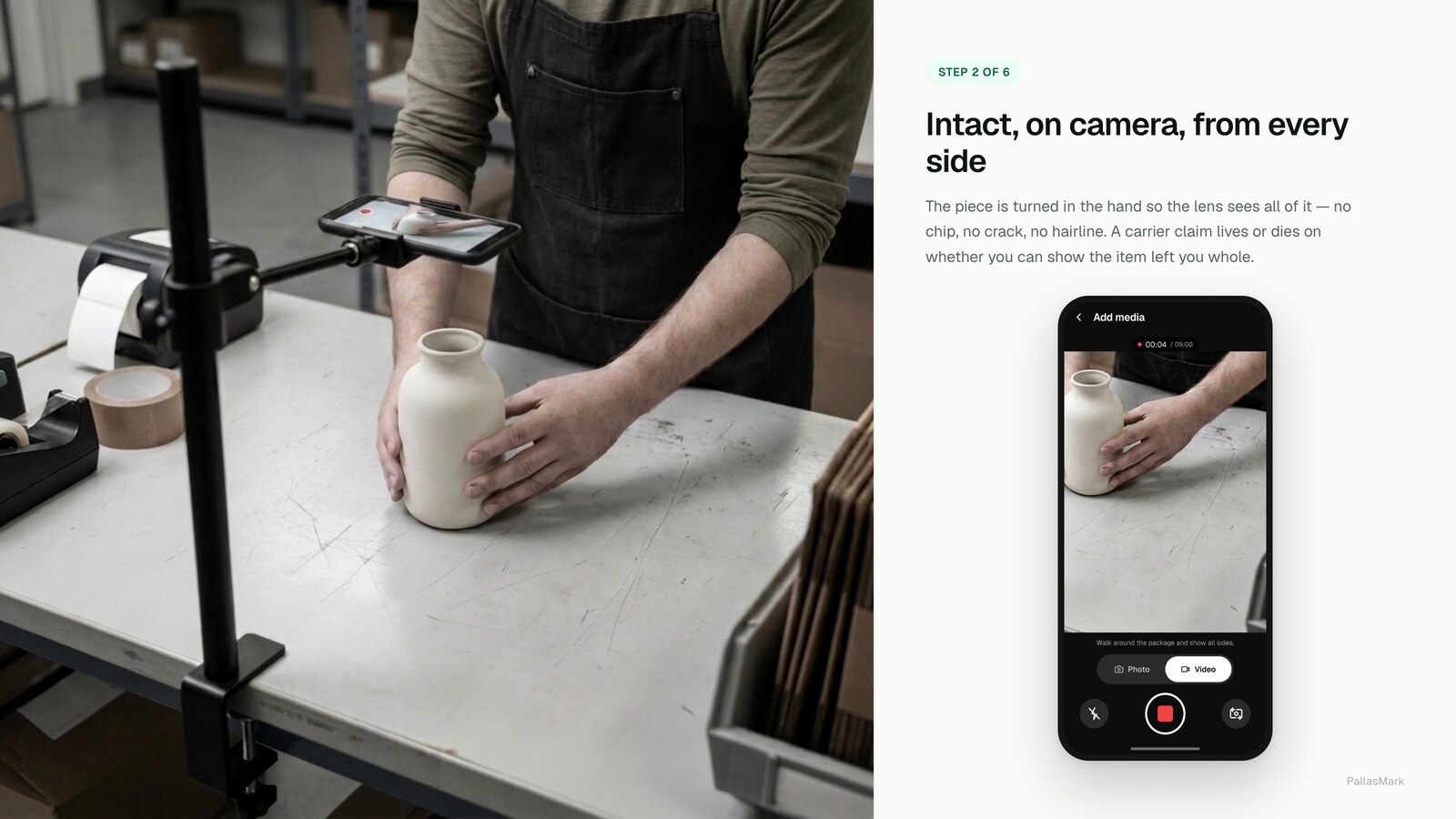 A packer holds the item up to a phone mounted on a bench stand; the phone screen shows the live camera view of their hands with the recording timer at four seconds.