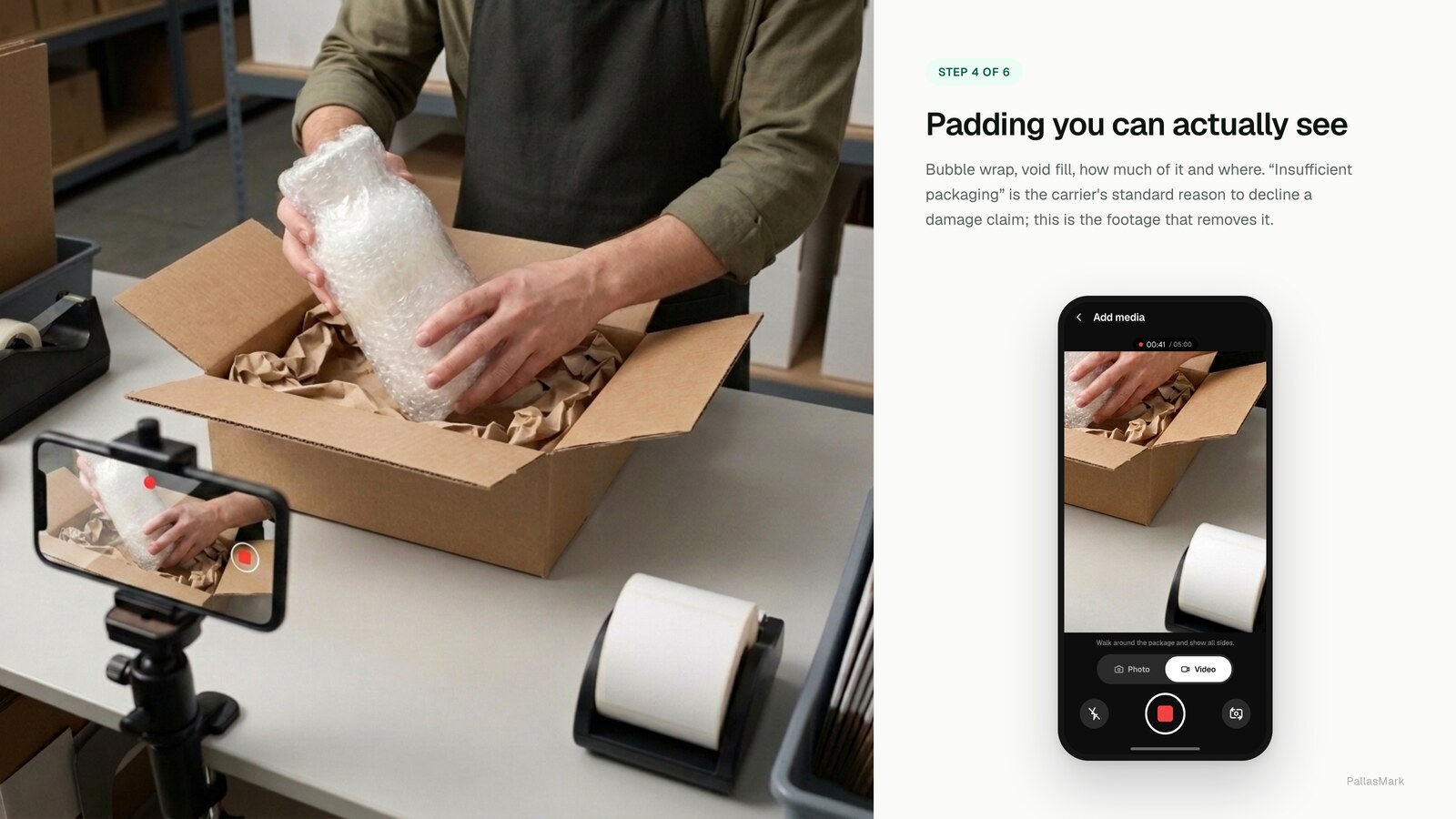 The item is lowered into a padded corrugated carton while the mounted phone records the placement, forty-one seconds into a single continuous take.