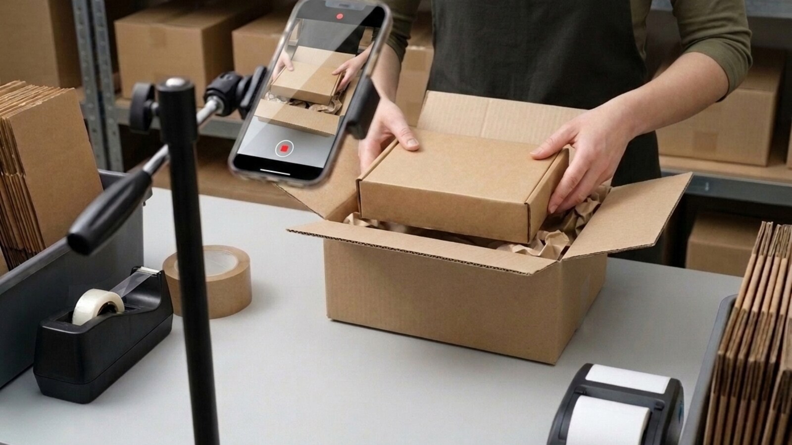 A WooCommerce seller's packing bench: a phone on a clamp stand records the parcel while the packer works, with a label printer and flat cartons within reach.