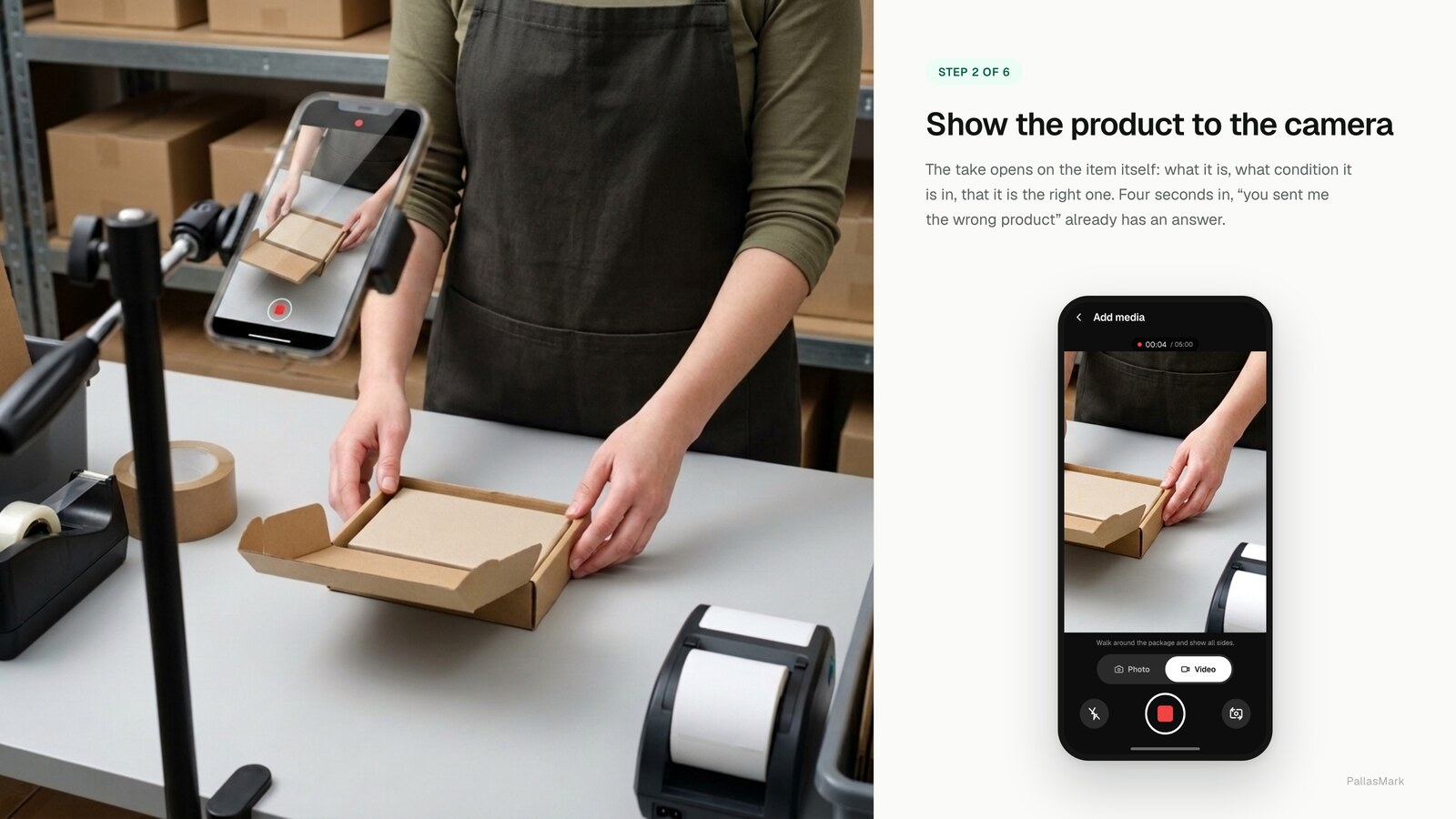 A packer holds the item up to a phone mounted on a bench stand; the phone screen shows the live camera view of their hands with the recording timer at four seconds.
