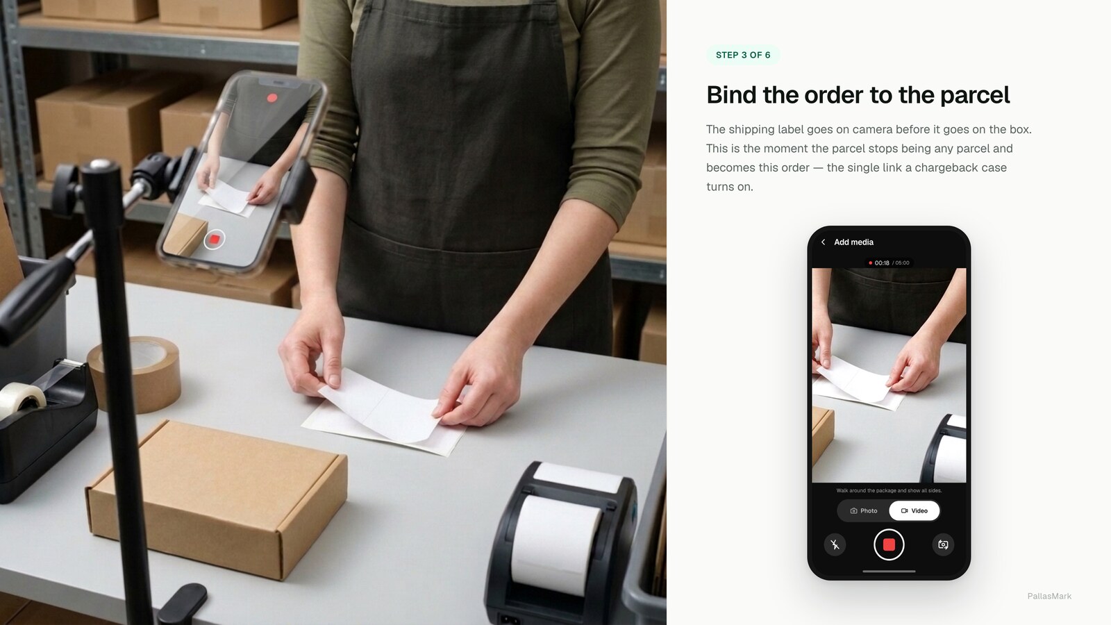 A packer peels the shipping label off its backing sheet in front of the mounted phone, binding the order to the parcel on camera at eighteen seconds.