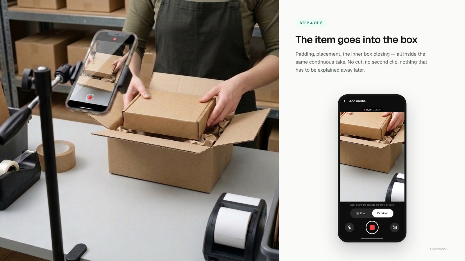 The item is lowered into a padded corrugated carton while the mounted phone records the placement, forty-one seconds into a single continuous take.