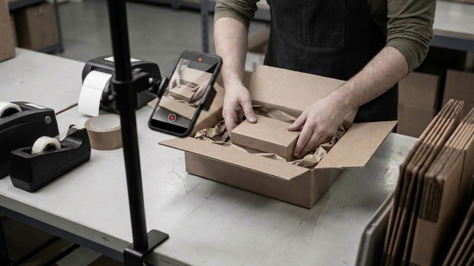 A jeweller's packing bench: the piece is presented to a mounted phone before it is boxed, so which unit went in the parcel is on record.