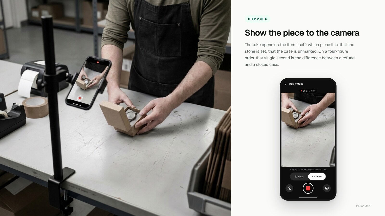 A packer holds the item up to a phone mounted on a bench stand; the phone screen shows the live camera view of their hands with the recording timer at four seconds.