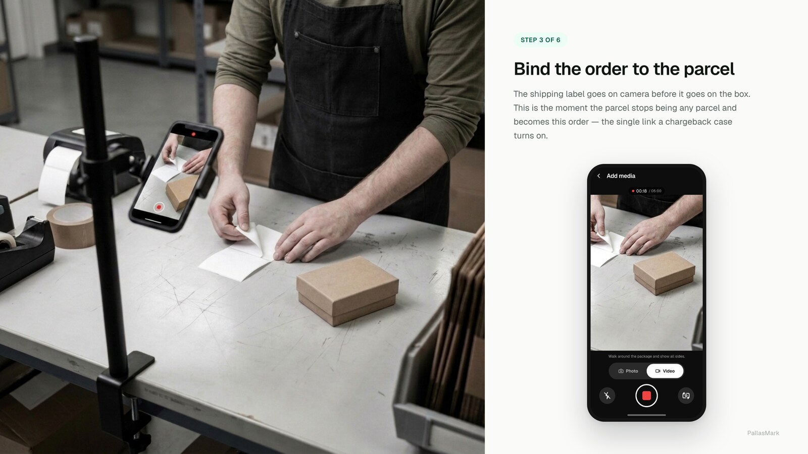 A packer peels the shipping label off its backing sheet in front of the mounted phone, binding the order to the parcel on camera at eighteen seconds.