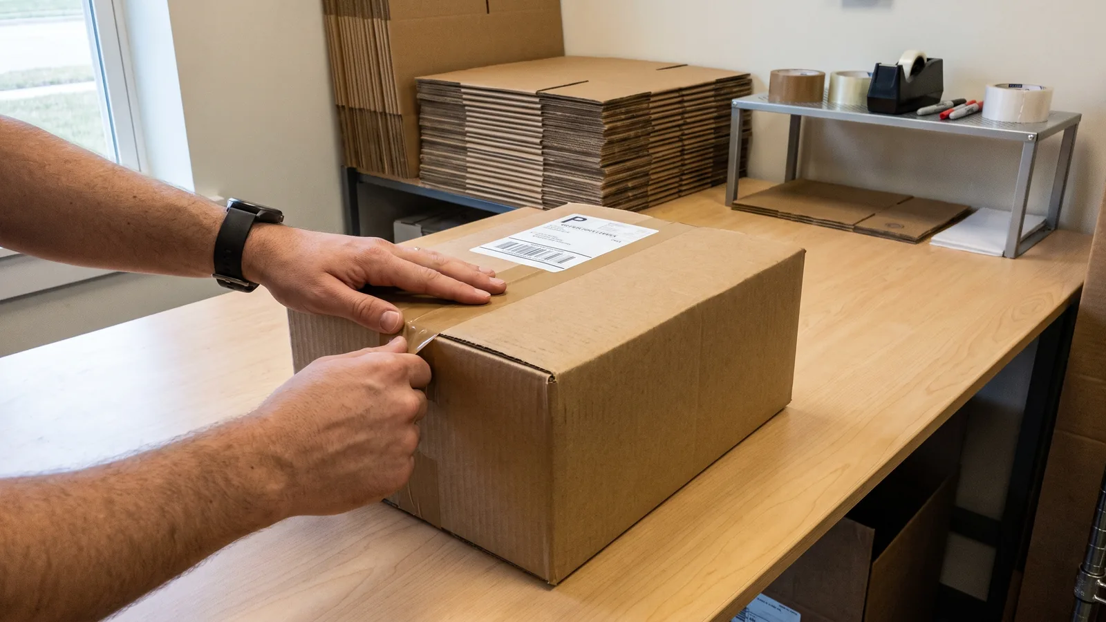 The seal going on with the shipping label already applied: the recording should still be running at this point.