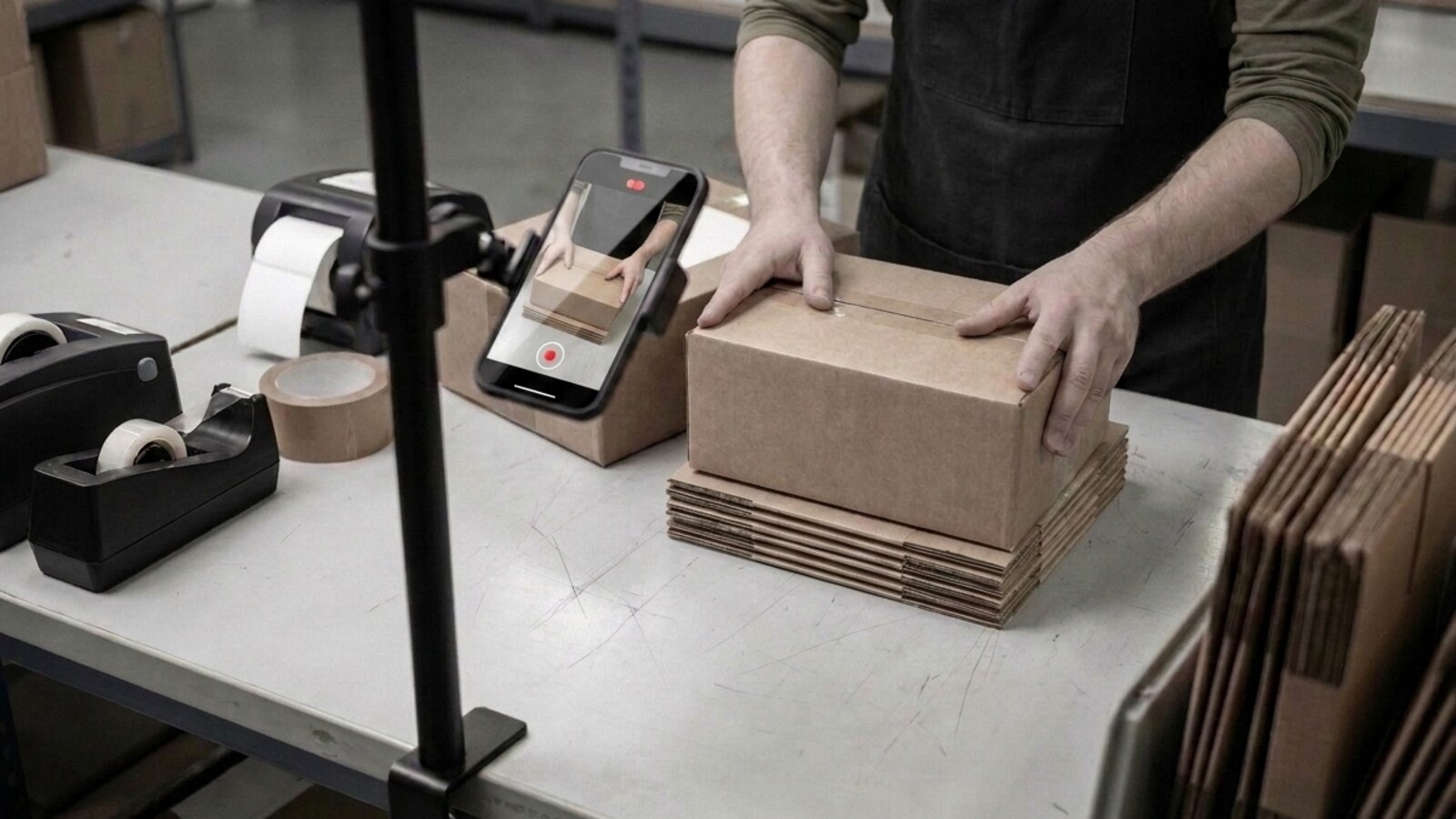 A warehouse packing bench: each case is shown to a mounted phone before it joins the stack, with the pallet label recorded on the way.