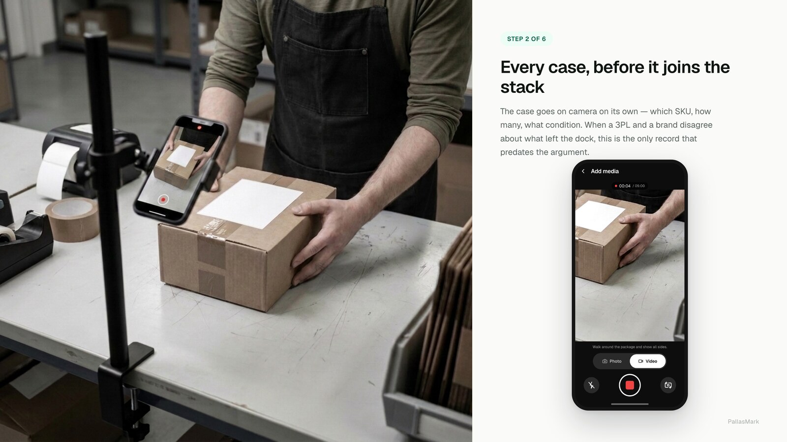 A packer holds the item up to a phone mounted on a bench stand; the phone screen shows the live camera view of their hands with the recording timer at four seconds.
