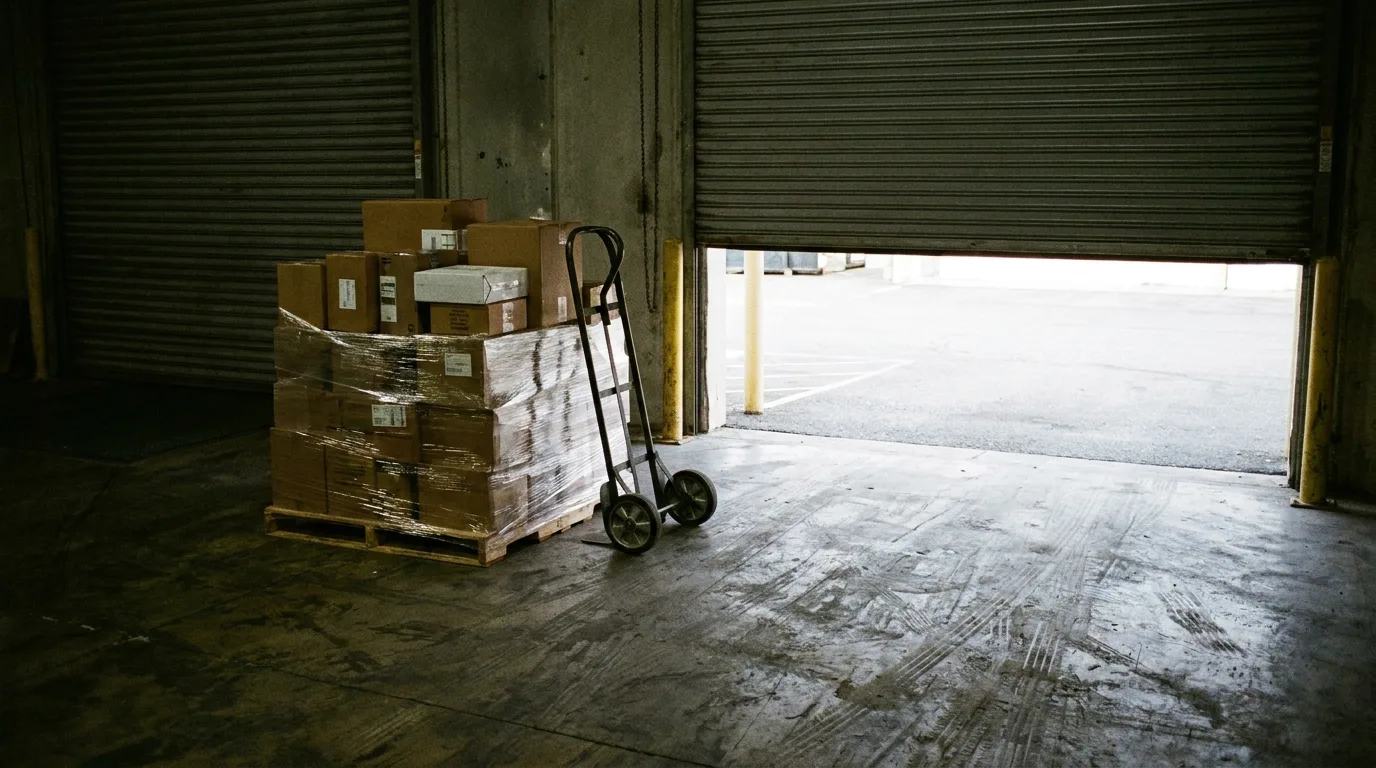 A stretch-wrapped pallet on a warehouse dock beside a hand truck, roller door half open.