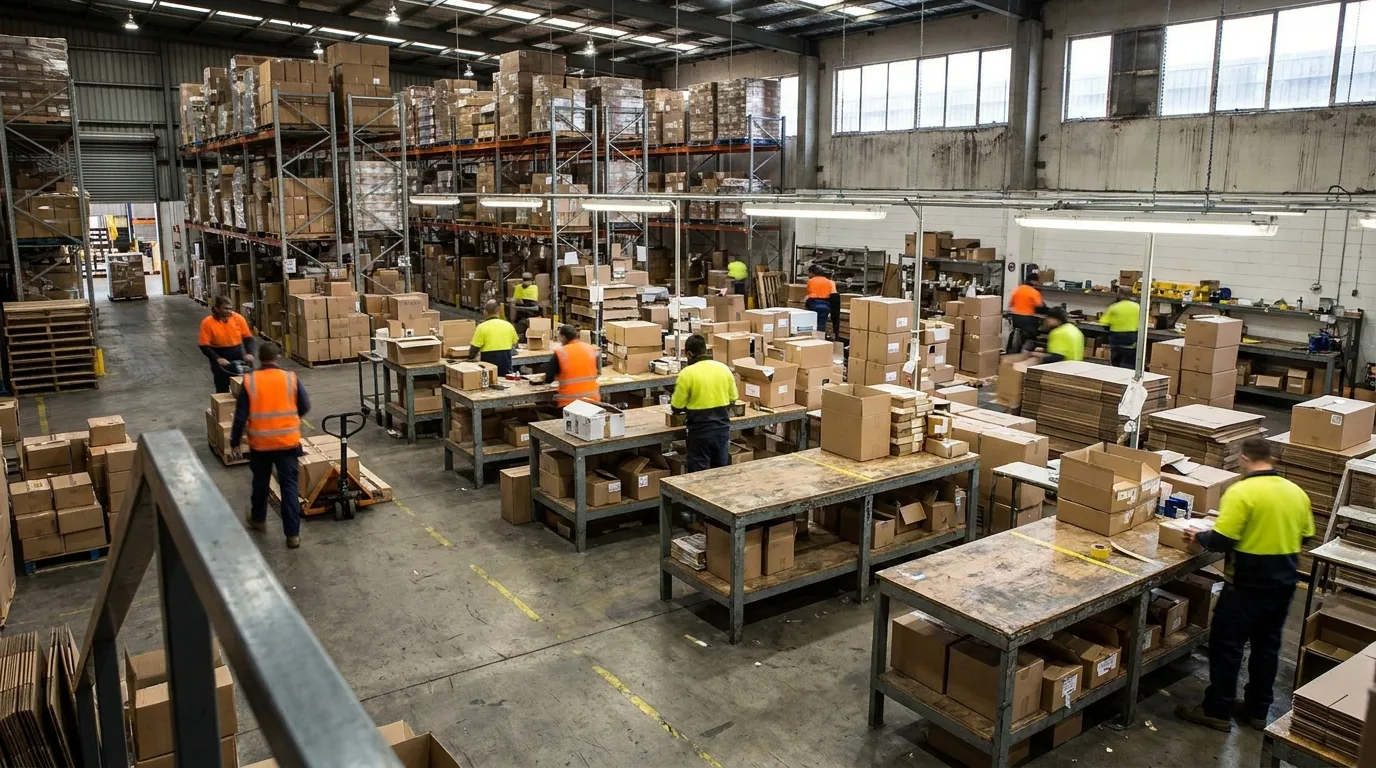 A wide view of a third-party logistics warehouse floor with several separate packing benches in use at once.