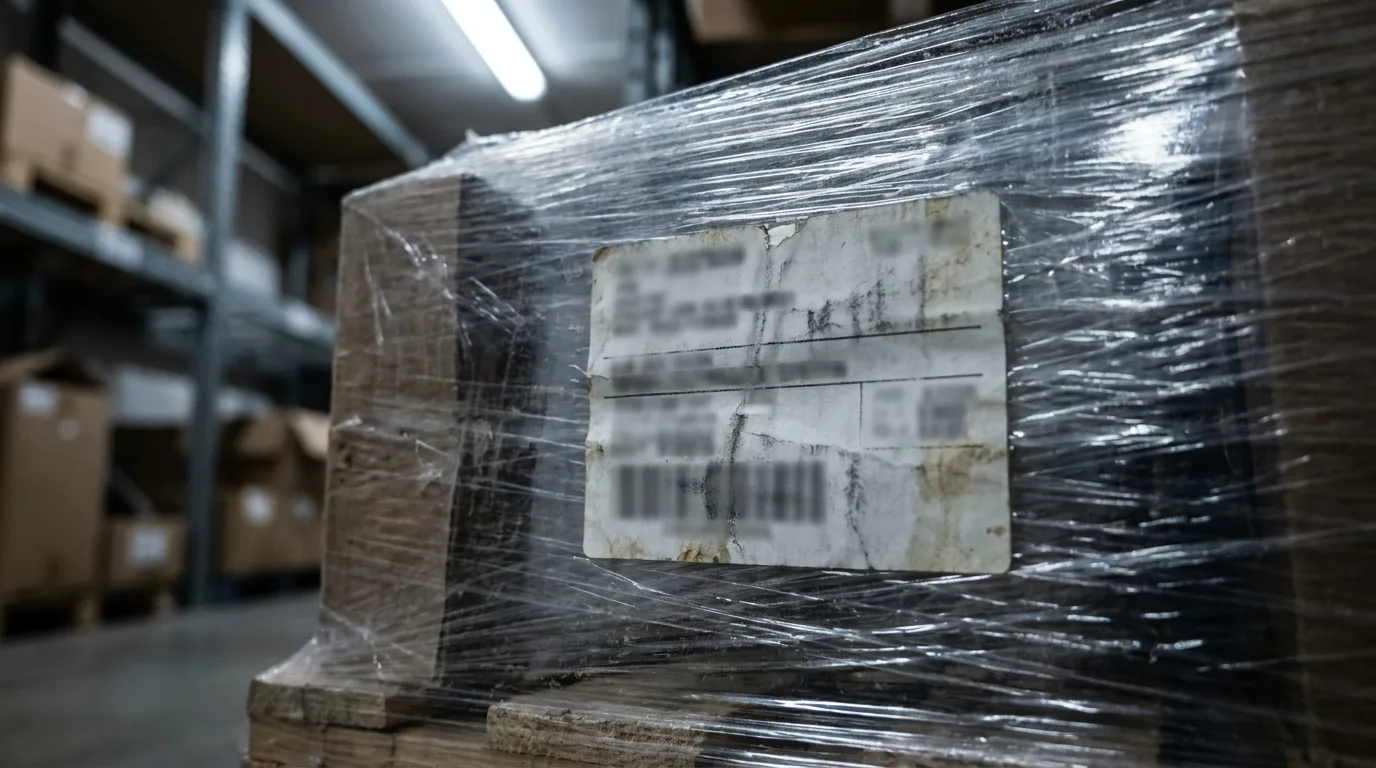 Close-up of a scuffed shipping label under stretch wrap on a warehouse pallet.