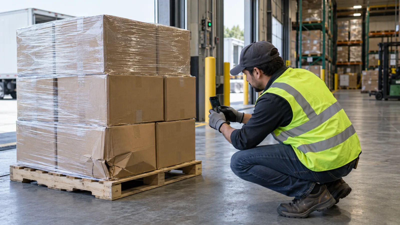 A warehouse receiving operator photographs a visibly crushed carton on a stable pallet before opening the shipment.