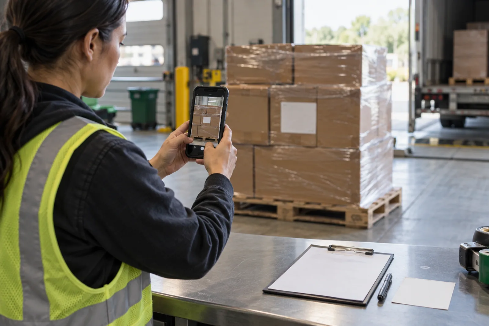 A warehouse operator photographs a pallet while a blank receiving sheet and shipment documentation stay with the load.