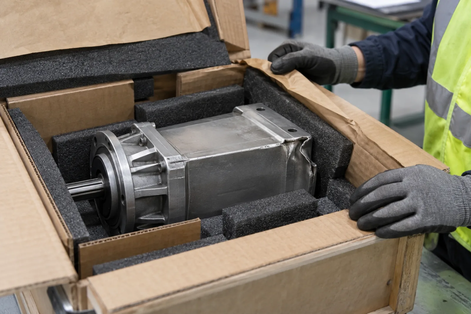 An opened industrial crate shows the internal packaging and a damaged component during an authorized inspection.