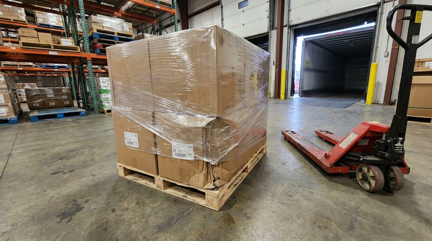 A wrapped pallet being received at a warehouse dock