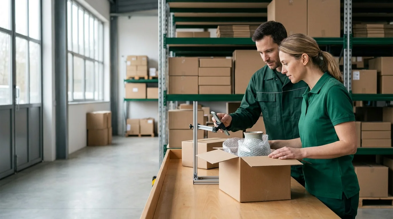 A team lead and a packer check a recording of an open box at a warehouse packing bench