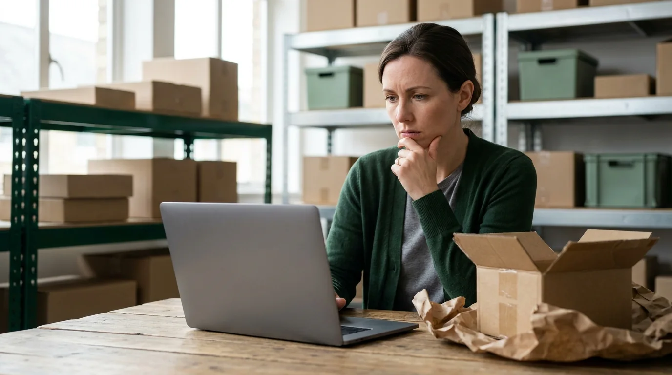 A store owner at her desk reads a buyer's complaint next to a returned, opened parcel