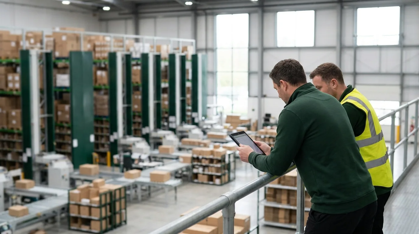 An operations manager reviews a tablet with a warehouse supervisor above the fulfilment floor