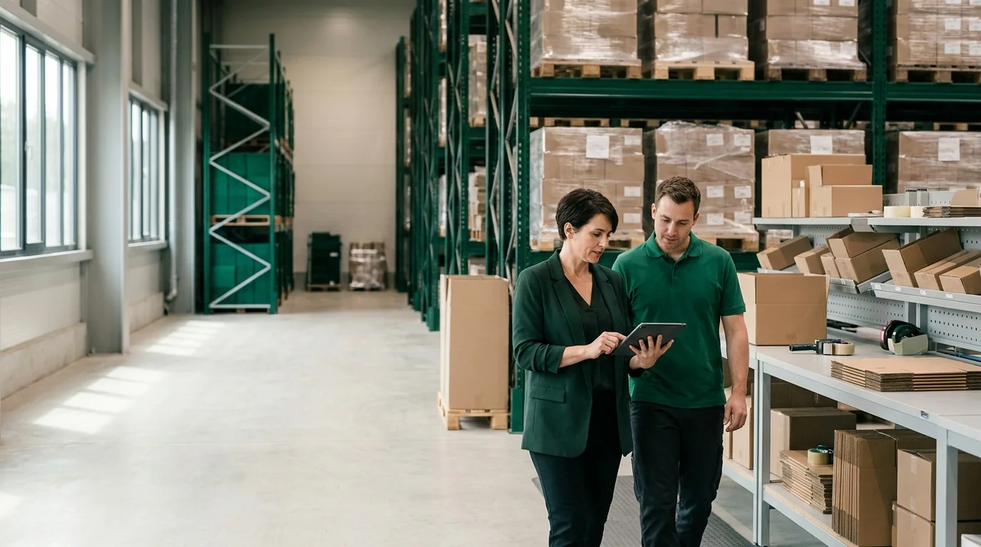 A warehouse operations manager and a team lead review a tablet beside the packing stations