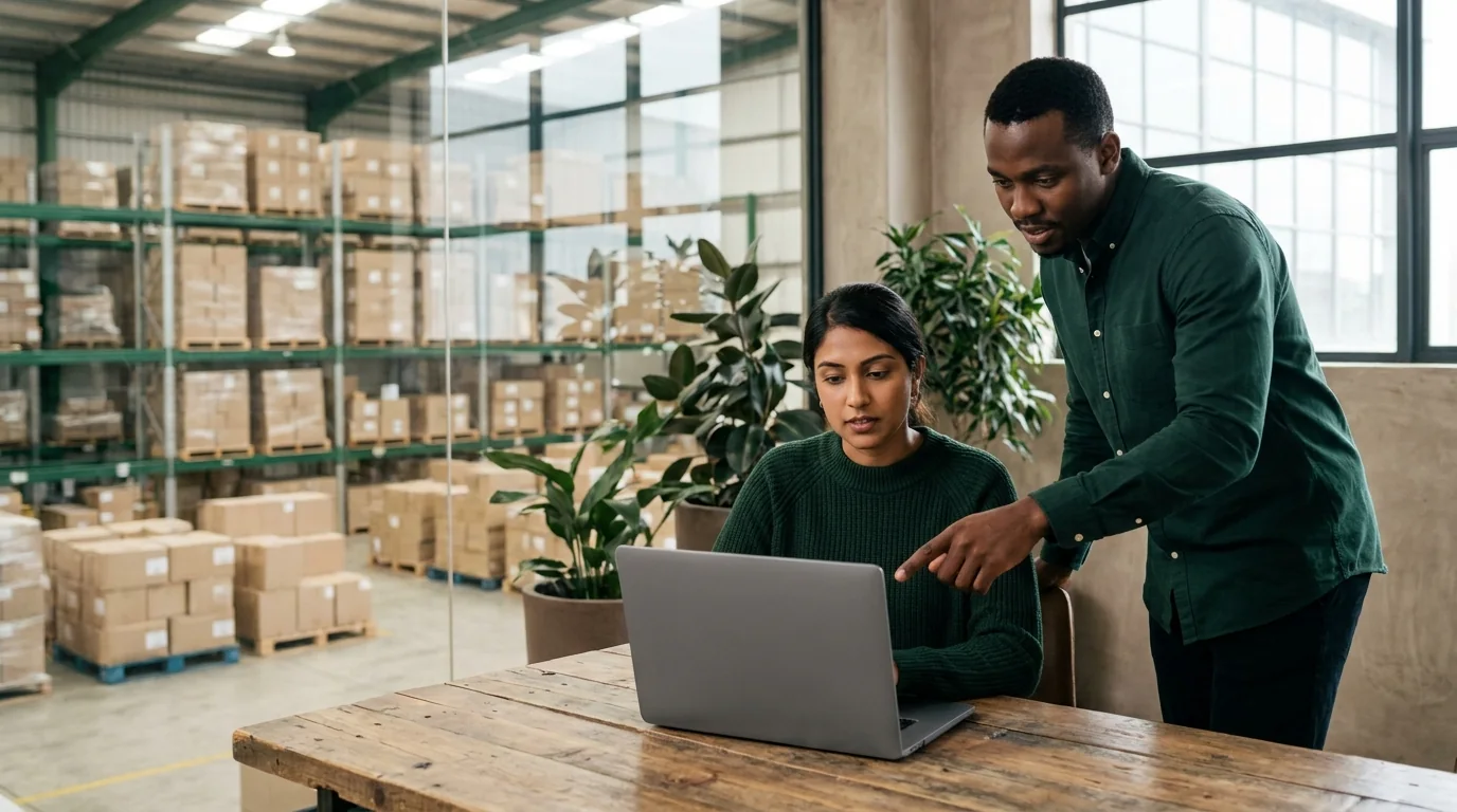 Two e-commerce operations managers review order records on a laptop next to the warehouse