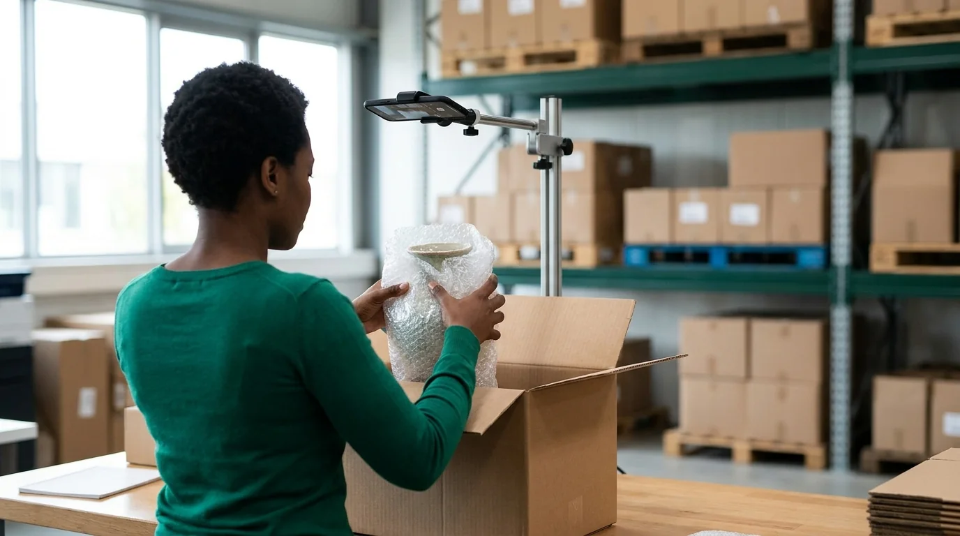 A packer places a wrapped vase into a box under a phone mounted on a stand