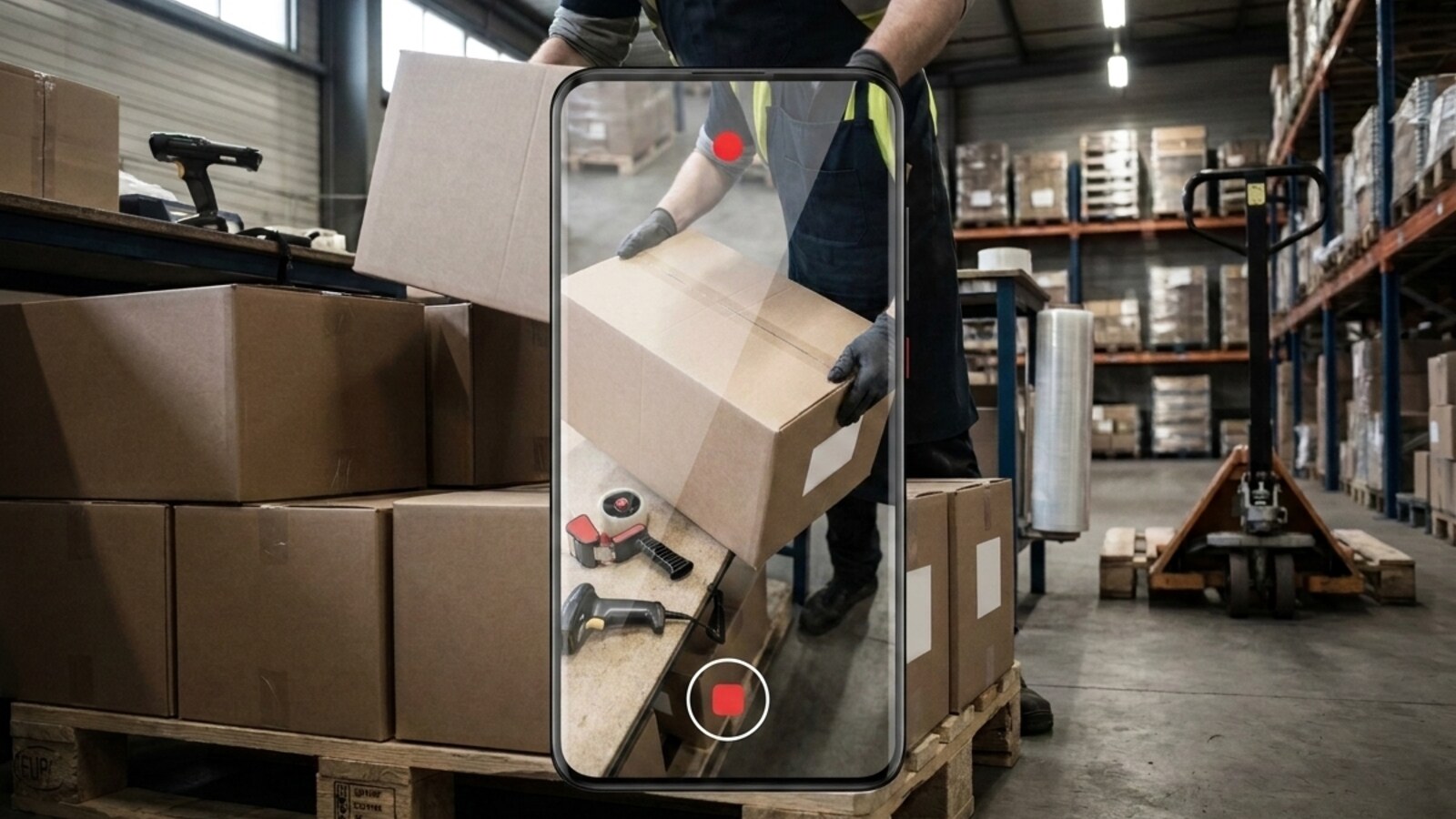 A working warehouse floor: packing benches, cases and staff in high-visibility vests preparing shipments